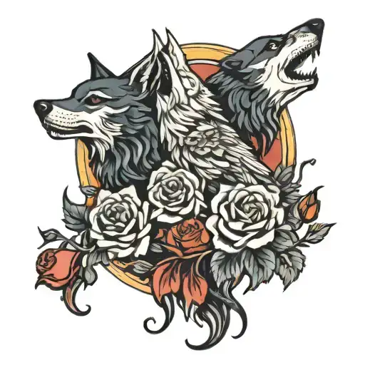 Phoenix And Roses With Three Wolves Howling At The Moon