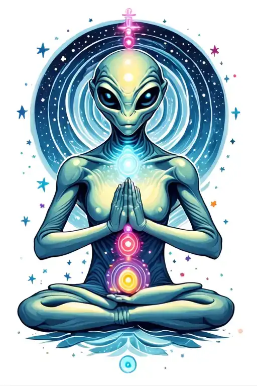 An Alien With Chakras Meditating On A Swirling Cluster Of Stars