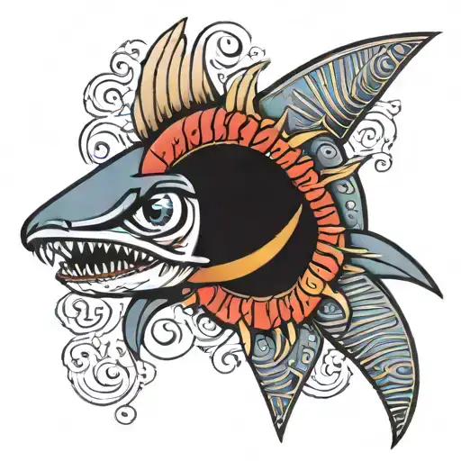 Eye Of Ra In The Open Mouth Of A Shark In Traditional Tattoo Flash Style