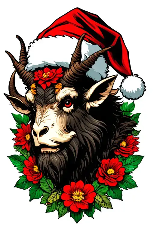 Krampus And Santa Hat And Capricorn And Flowers