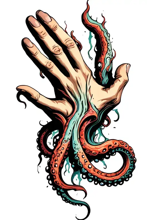 A Right Hand Open With The Index And Thumb Touching And Tentacles Coming Out From A Cut In The Palm