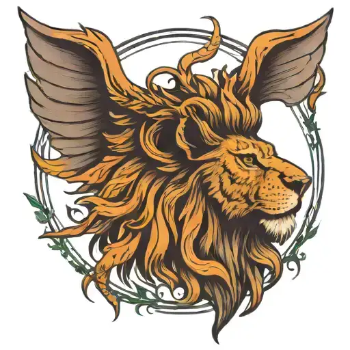 A Face Of A Lion With Fenix Wings And Roots From The Arbor Vitae