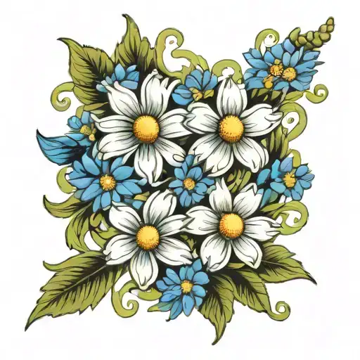 Daisy Flowers Intertwined With Blue Cosmos Flowers