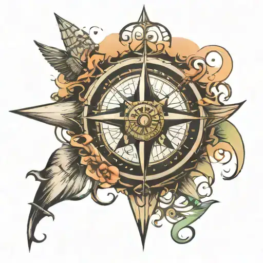Compass Rose With Sailing And Aviation Themed