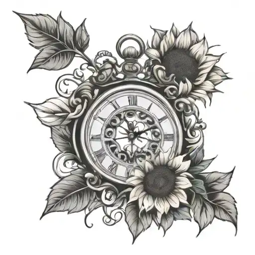 Sunflower Intertwined With A Clock
