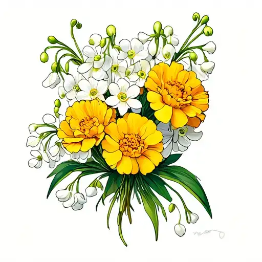 Lilly Of The Valley And Marigolds Bouquet Tied