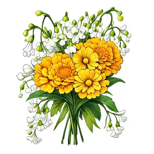 Lilly Of The Valley And Marigolds Bouquet Tied