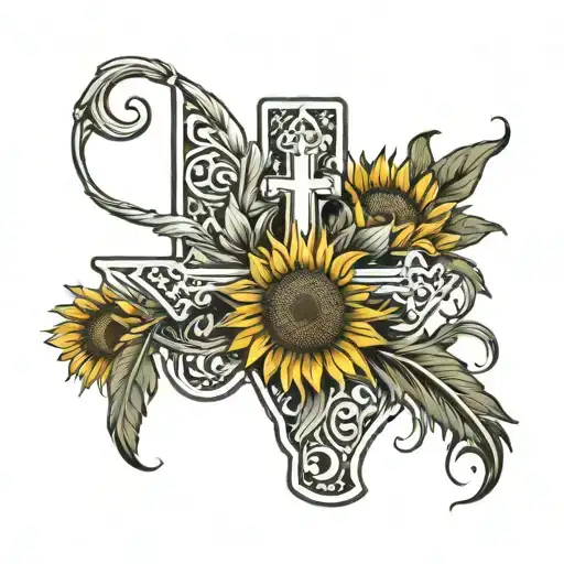 Texas Outline With Cross And Sunflowers Tilted And Feathers Hanging From Bottom