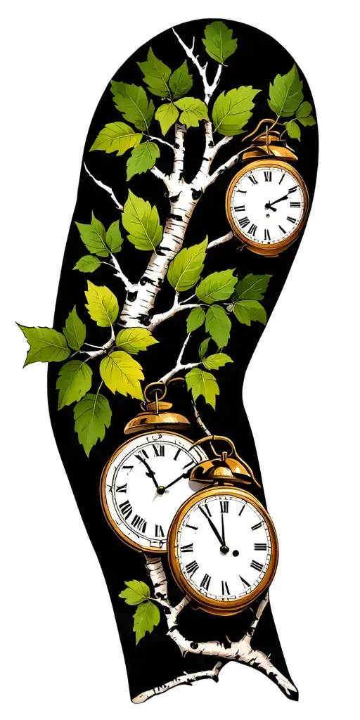 Birch Branches With Hunter Green Leaves With Only Three Clocks Integrated Into It For An Arm Sleeve