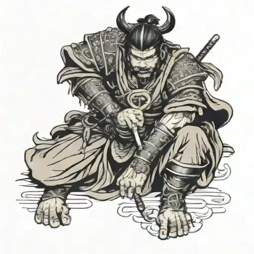 Samurai Kneeling At A Cross