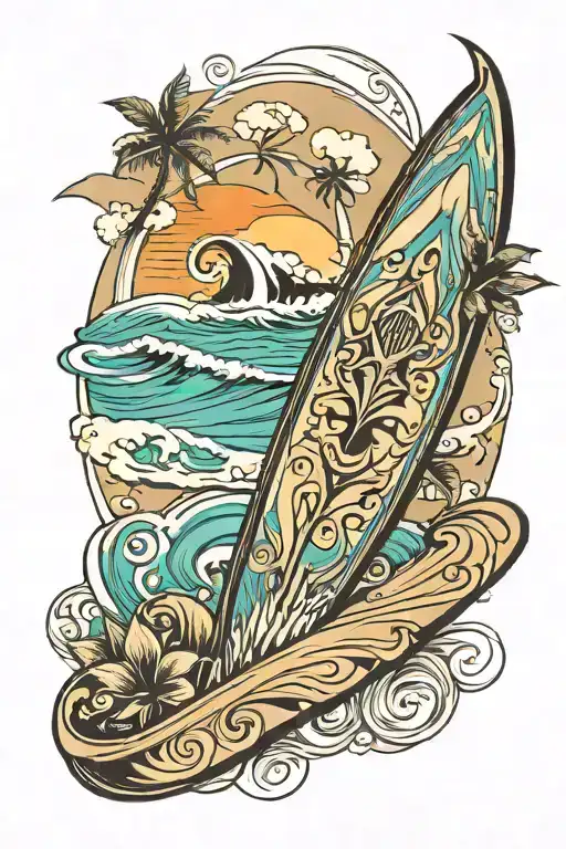Surfboard In Sand Beach Tattoo Design