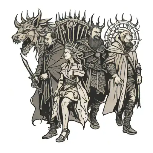 4 People Walking Through Thrones With Rain And Thunder