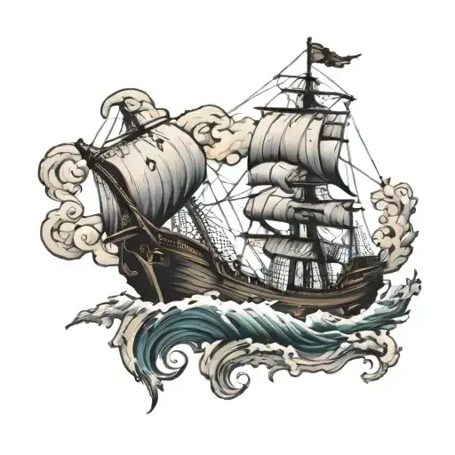 Ship On Rough Seas With Shipwreck On Bottom Of Sea