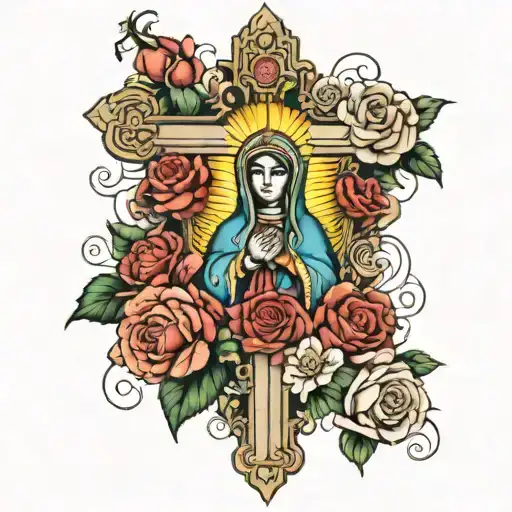Cross With Roses And Virgen De Guadalupe In The Middle Of The Cross