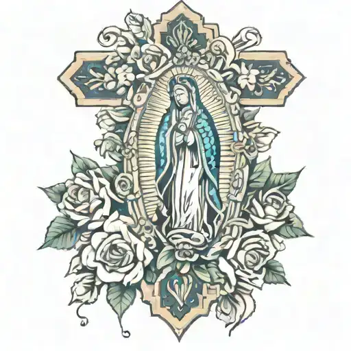 Cross With Roses And Virgen De Guadalupe In The Middle Of The Cross