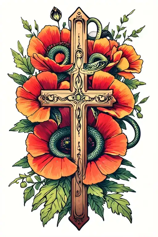 Vintage Cross With Snake And Poppy Flowers