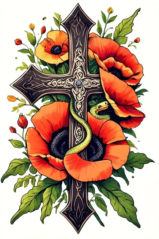 Vintage Cross With Snake And Poppy Flowers