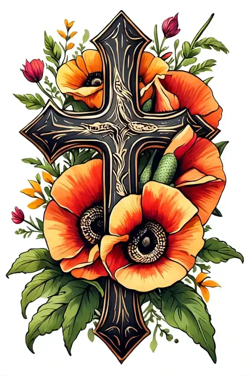 Vintage Cross With Snake And Poppy Flowers