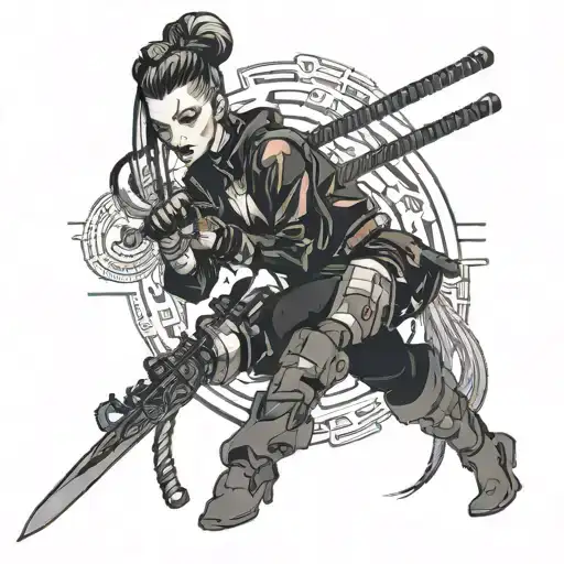 Cyberpunk Woman With Two Ponytails Holding Katana