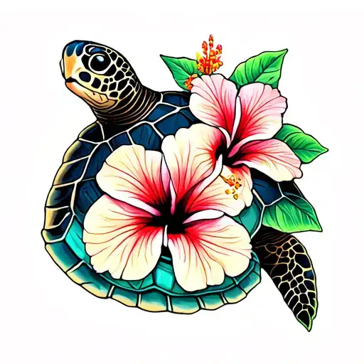 Sea Turtle With Hibiscus On Shell