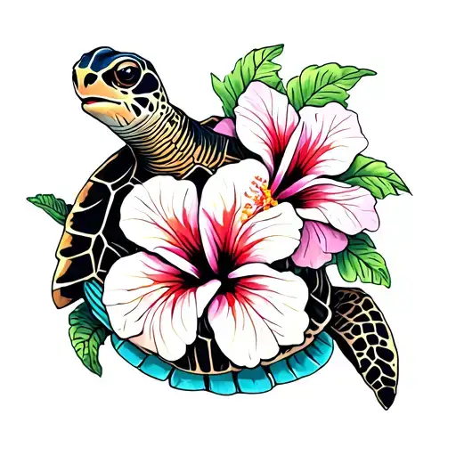 Sea Turtle With Hibiscus On Shell