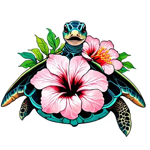 Sea Turtle With Hibiscus On Shell
