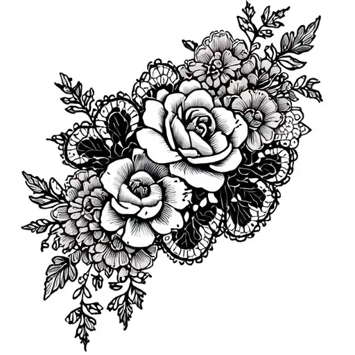 Lace Garter Tattoo Stencil With Seams And Flowers