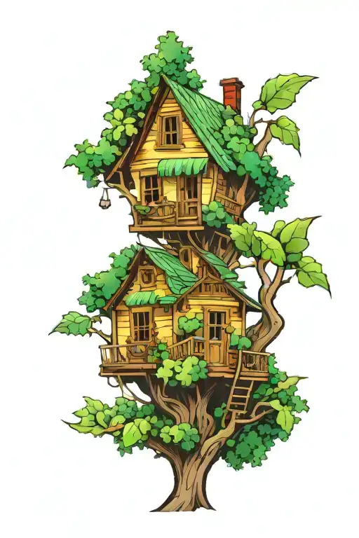 Tree House Nestled Between Green