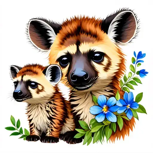 Mom And Baby Hyena With A Small Blue Flower