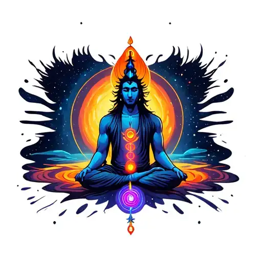 Shiv In Deep Meditation In Space With Chakra Symbols Male