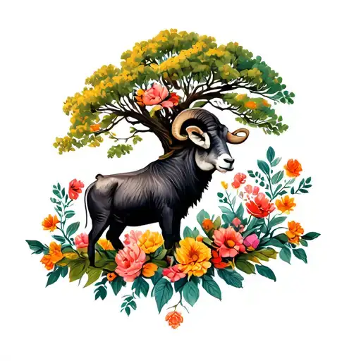 Ram With Flowers And A Tree Growing