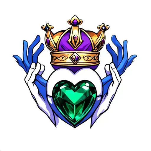 Claddagh Emerald Heart Crowned With Purple Crown And Held By Hands With Blue Sleeves