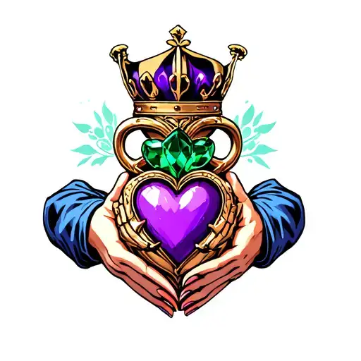 Claddagh Emerald Heart Crowned With Purple Crown And Held By Hands With Blue Sleeves