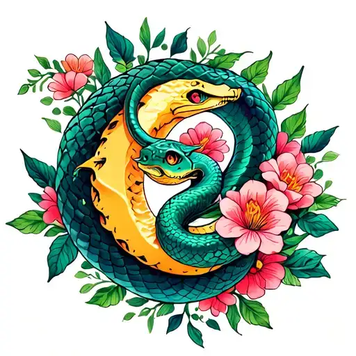 Snake Wrapped Around Crescent Moon With Flowers Around It