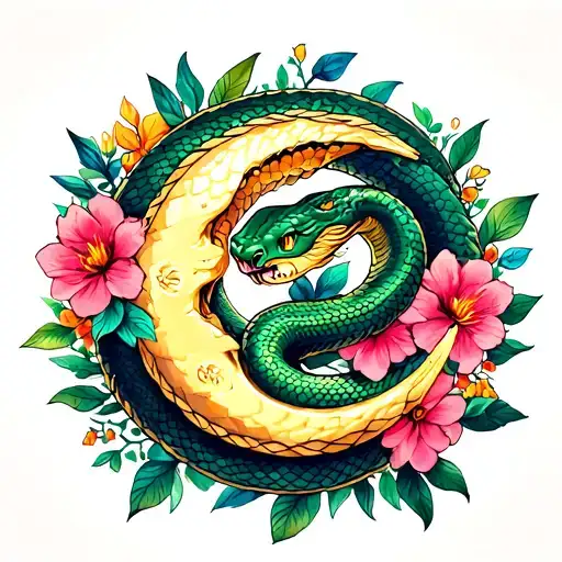 Snake Wrapped Around Crescent Moon With Flowers Around It