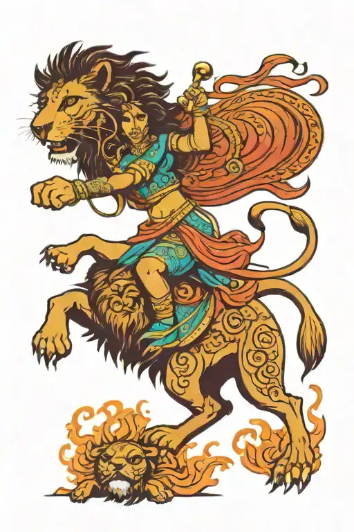 Durga Riding A Lion Roaring