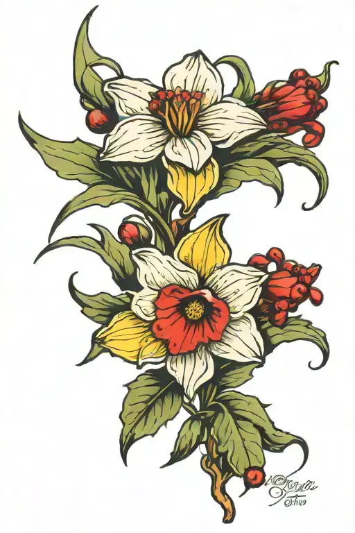 Holly Berries And Narcissus Flower