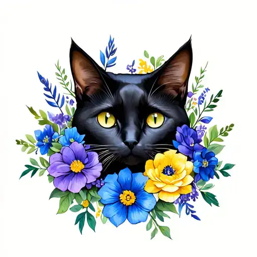 Black Cat With Blue Yellow And Purple Flowers