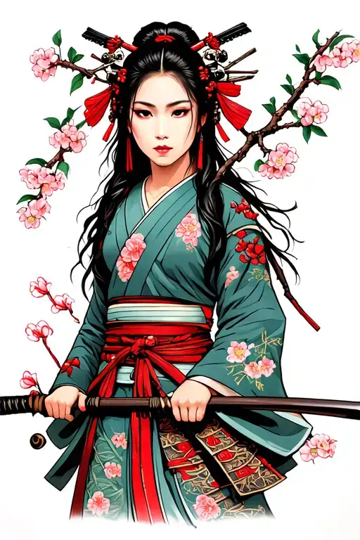 Woman Samurai On A Japanese Cherry Tree