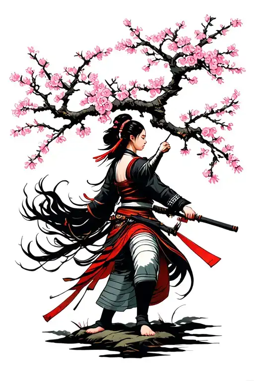 Woman Samurai On A Japanese Cherry Tree Fighting