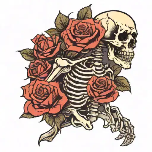 Skeleton Holding The Stem Of A Rose Intertwined Roses