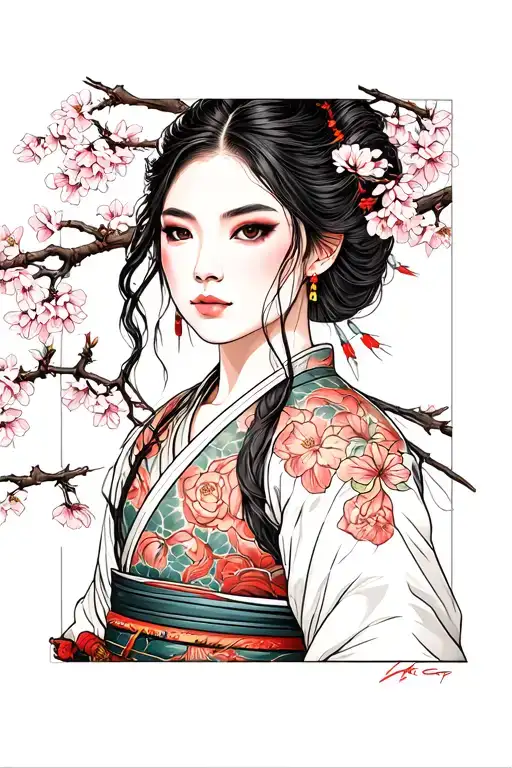 Woman Samurai On A Japanese Cherry Tree