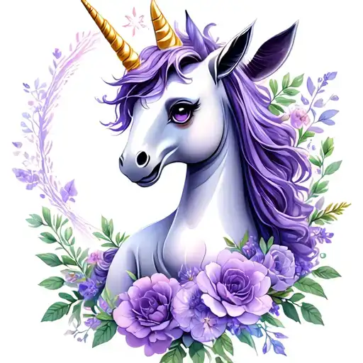 Soft Purple Flowers Surrounding A Magical Baby Unicorn