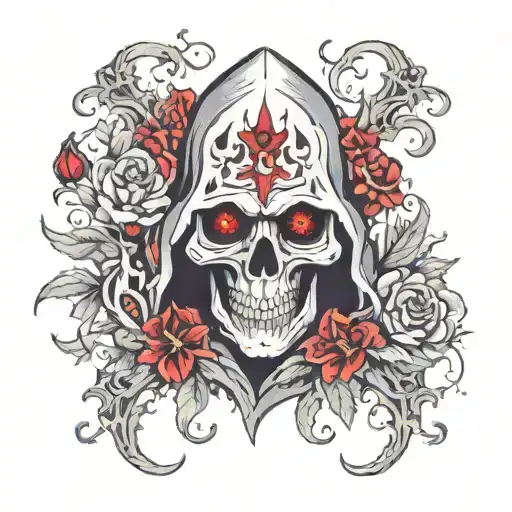 Grim Reaper With Red Eyes And Floral Patterns