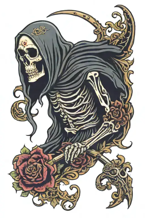 Grim Reaper In Dia De Los Muertos Style With Floral Background
