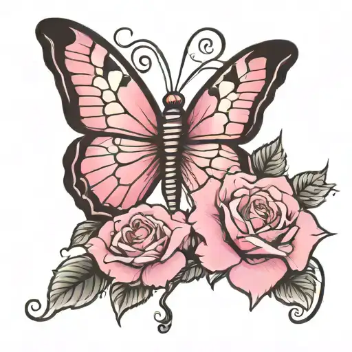 Pink Butterfly With A Black And White Rose