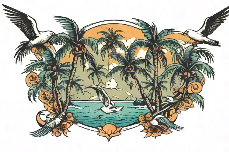 Palm Trees And Seagulls Flying