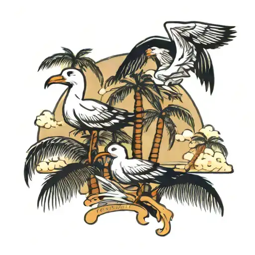 Palm Trees And Six Sea Gulls