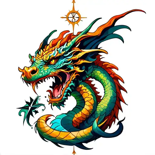 Full Arm Tattoo With Male Dragon And Compass