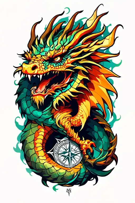 Full Arm Tattoo With Male Dragon And Compass
